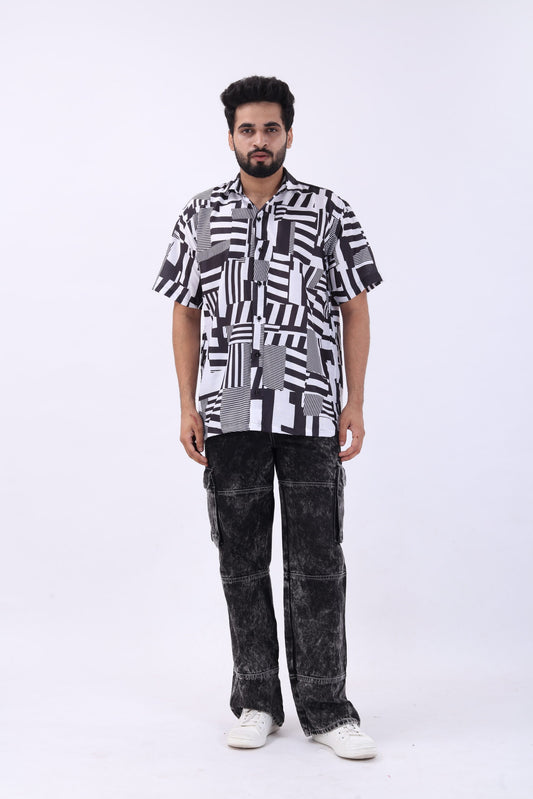Half Sleeve Black & White Printed Shirt – Gen-Z Casual