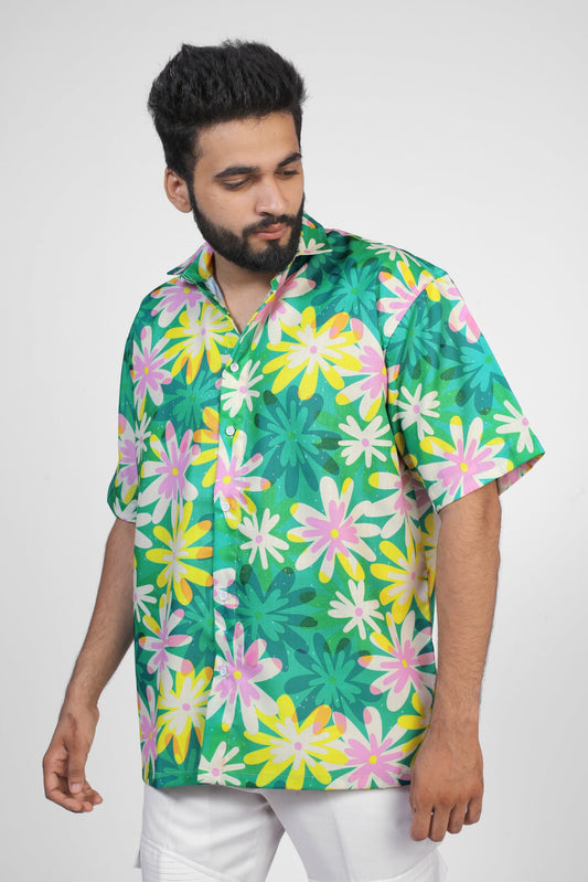 Trendy Green & Yellow Oversized Half-Sleeve Shirt