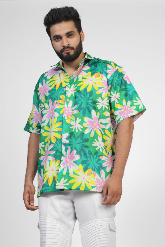 Trendy Green & Yellow Oversized Half-Sleeve Shirt